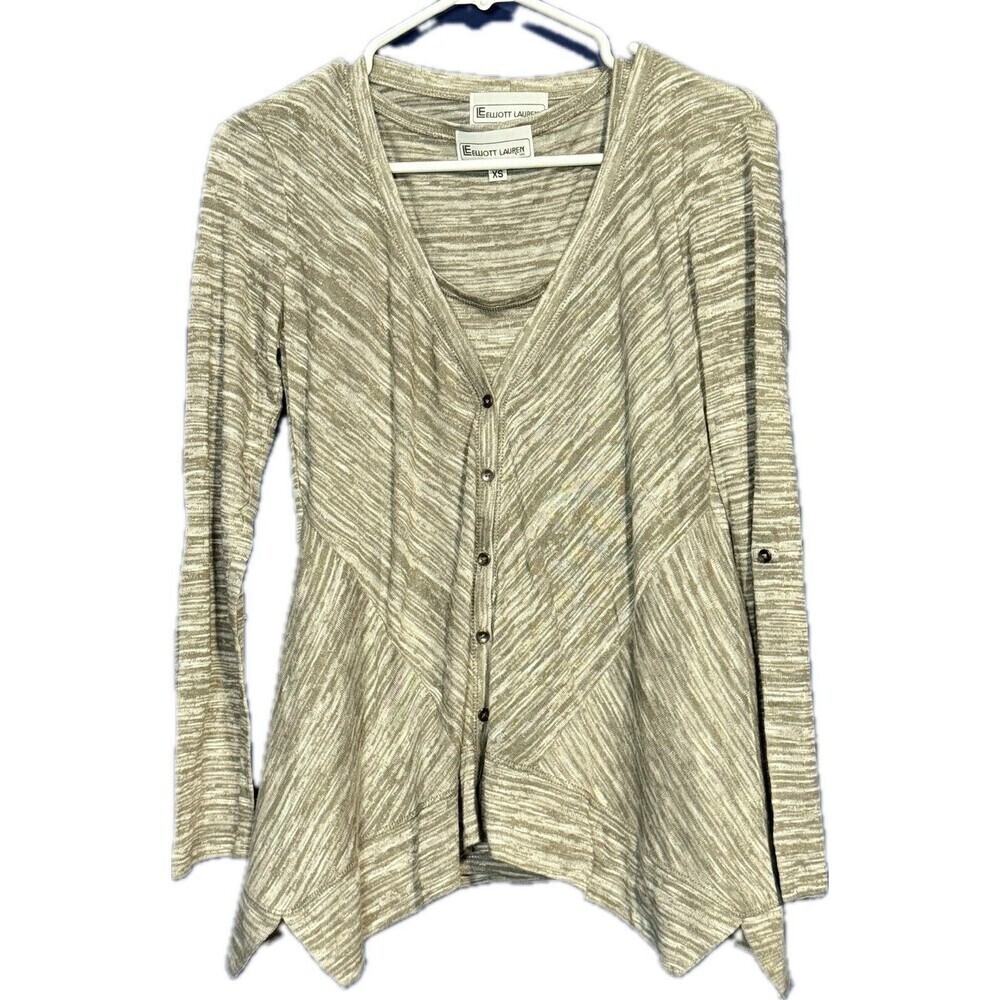 Elliott Lauren Cardigan Sweater Set Tan Pattern Button Up & Tank Sz XS